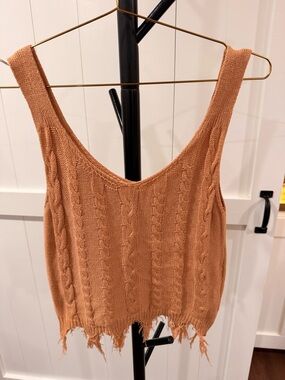 Gilded Intent Cable Knit Frayed Hem Tank Top - Rust Orange